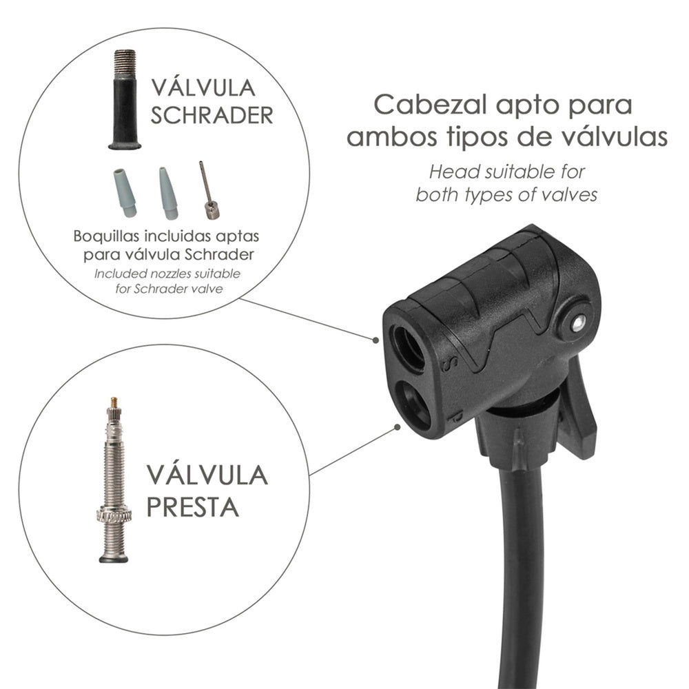 Bomba para encher bicicleta com manómetro. Dupla válvula presta e schrader. Com adaptadores. Ø 32 x 500 mm 10 bar / 160 psi