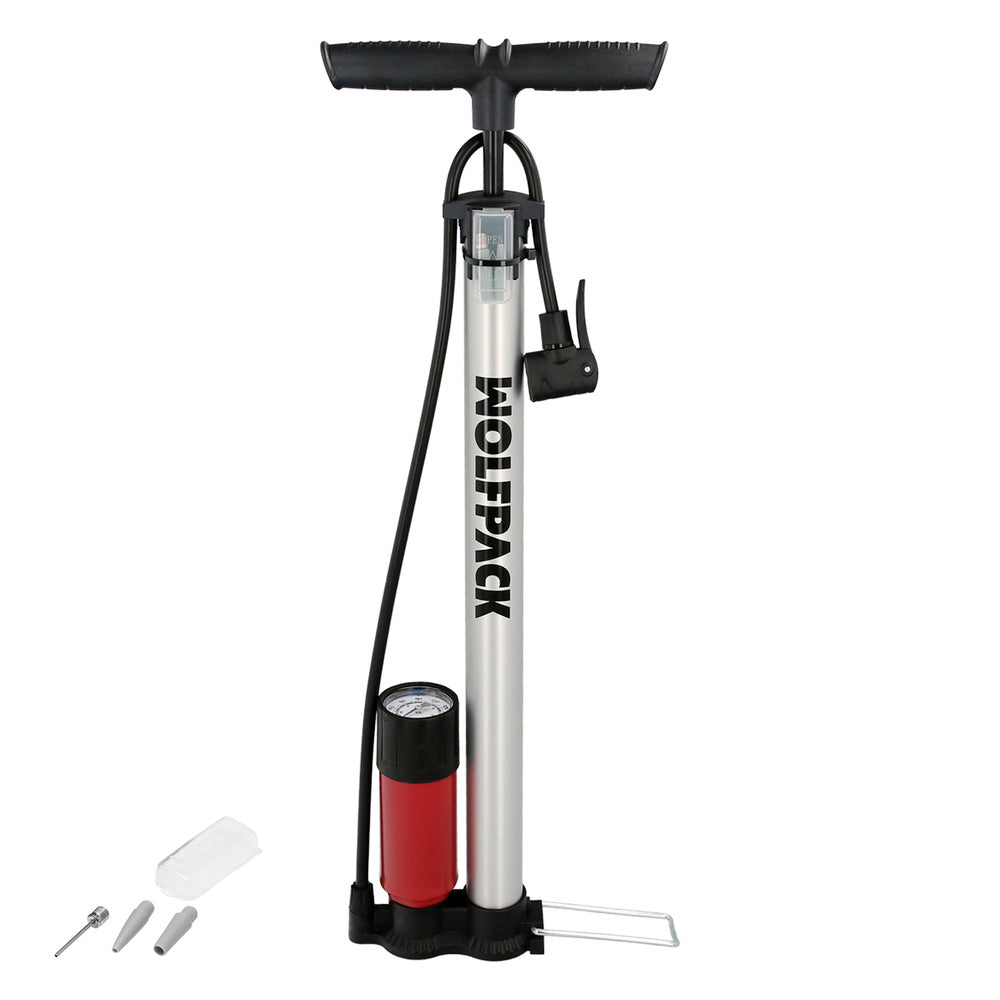 Bomba para encher bicicleta com manómetro. Dupla válvula presta e schrader. Com adaptadores. Ø 32 x 500 mm 10 bar / 160 psi