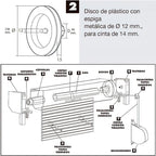 Disco persiana plástico. espiga metálica 136x40 mm cinta 14 mm