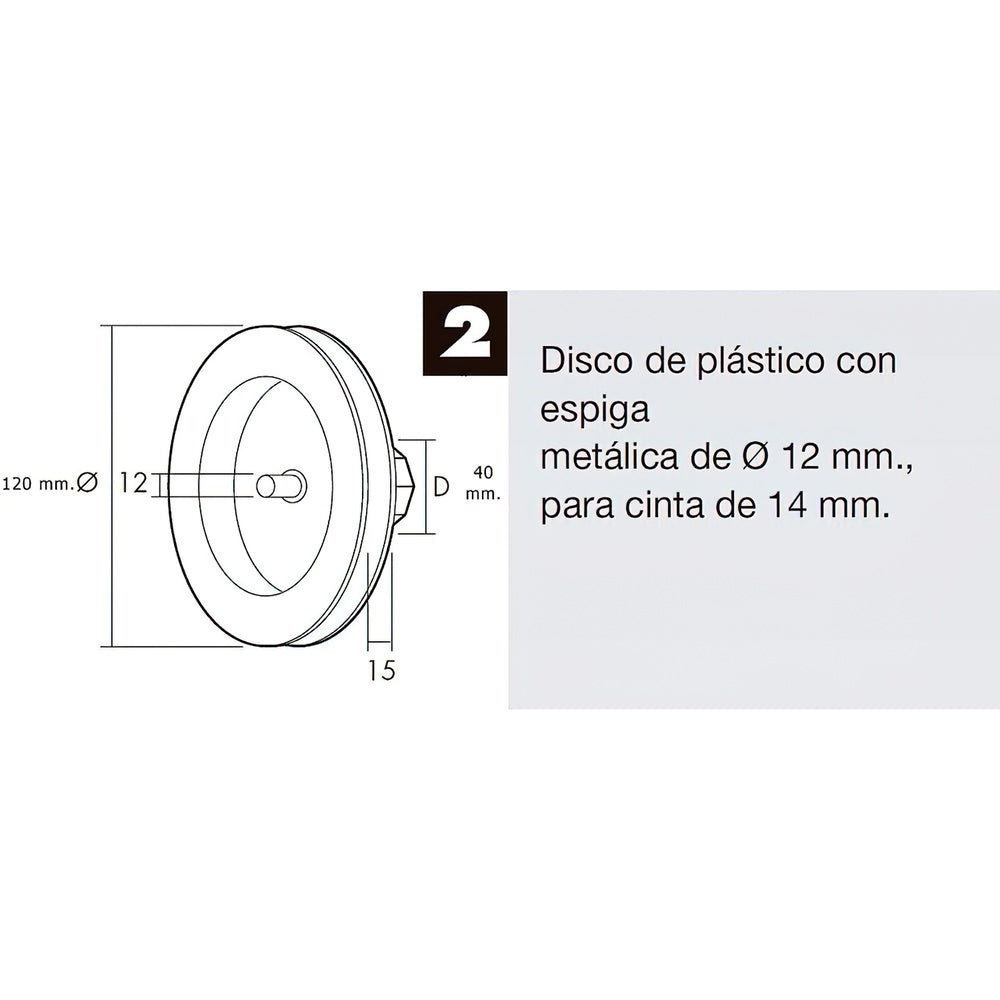 Disco persiana plástico. espiga metálica 120x40 mm fita 14 mm