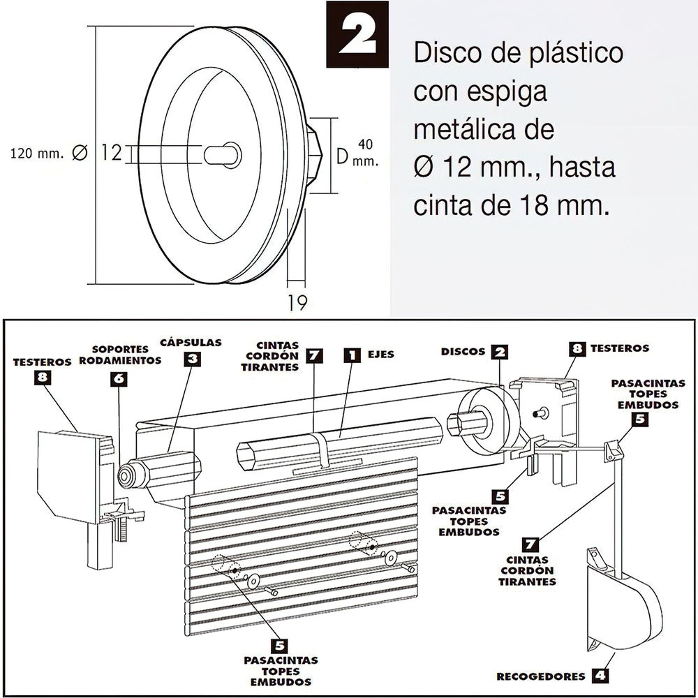 Disco persiana plástico. espiga metal 120x40 mm cinta 18 mm