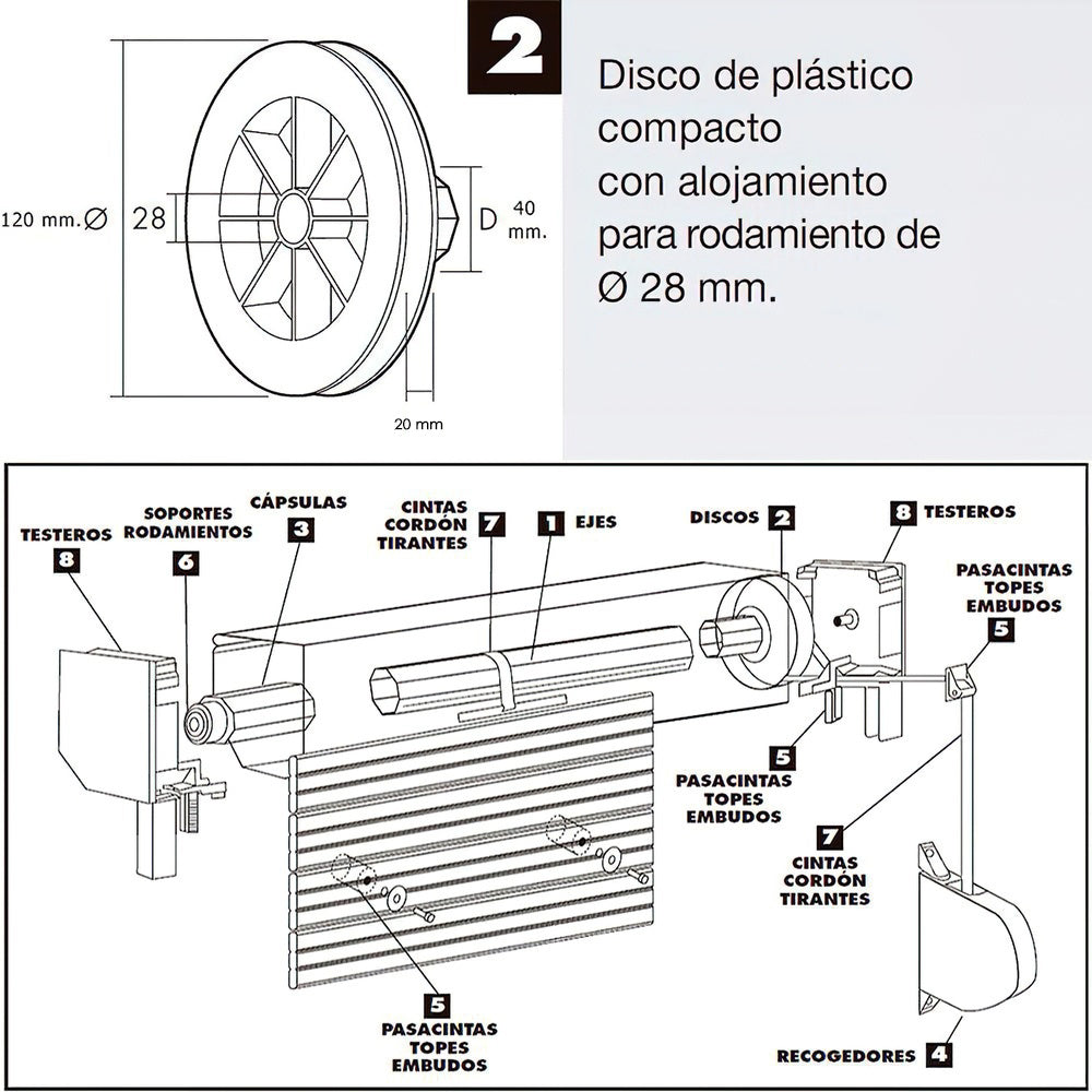 Disco plástico. compacto para persianas. Rodamieto 120x40 mm para cintas hasta 20 mm
