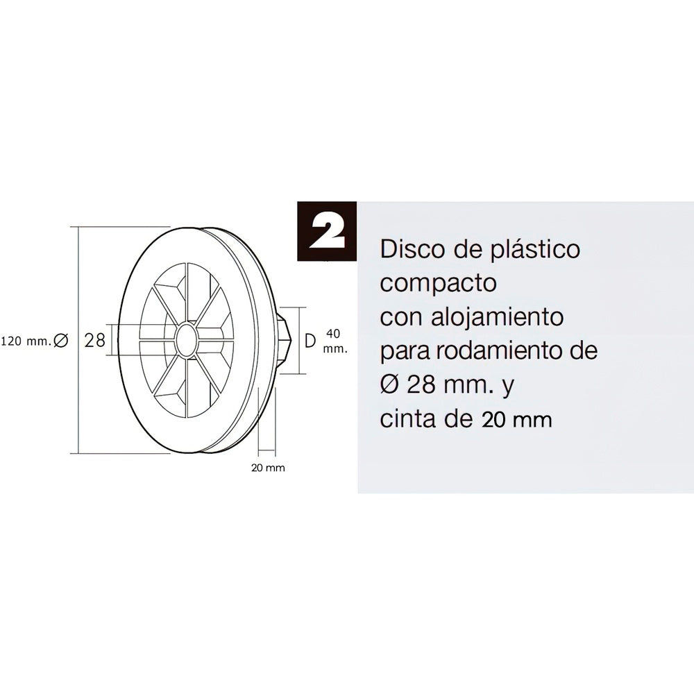 Disco plástico. compacto para persianas. Rodamieto 120x40 mm para cintas hasta 20 mm