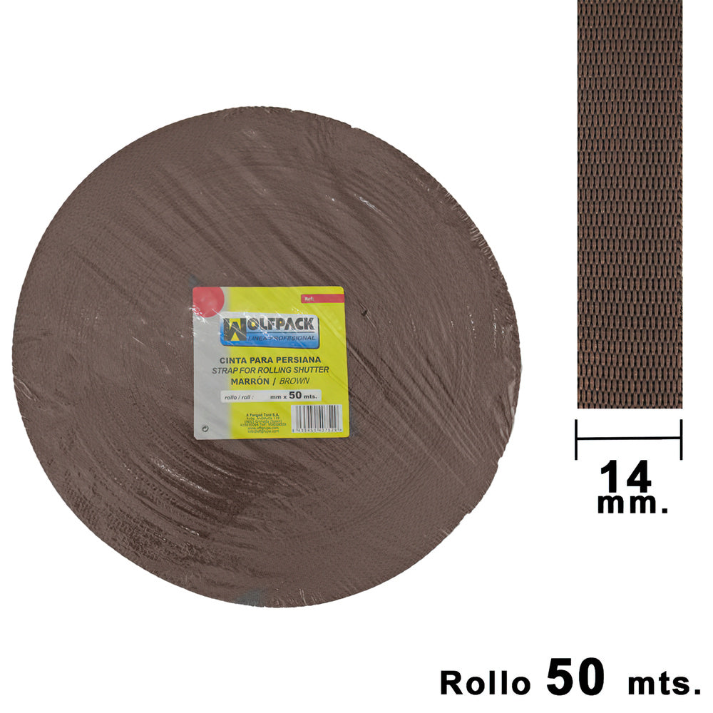 Cinta persiana wolfpack marrón 14 mm rollo 50 metros