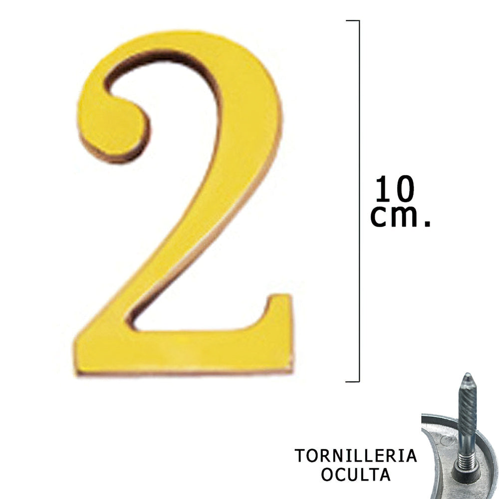 Numero latón "2" 10 cm con tornillería oculta (blíster 1 pieza)