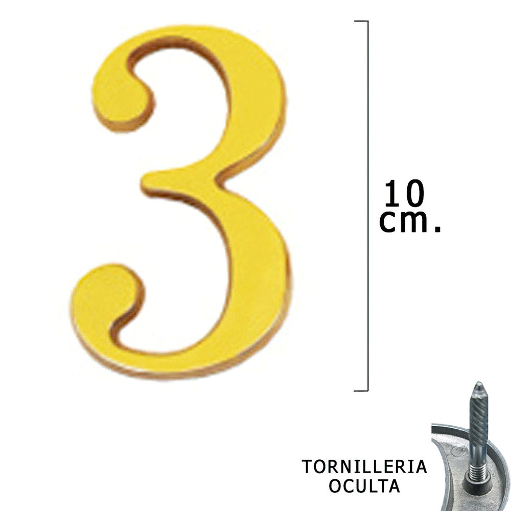 Numero latón "3" 10 cm con tornillería oculta (blíster 1 pieza)
