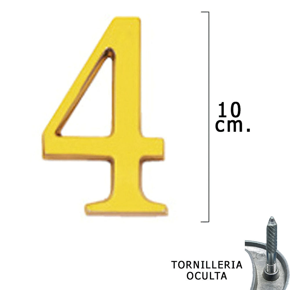 Numero latón "4" 10 cm con tornillería oculta (blíster 1 pieza)