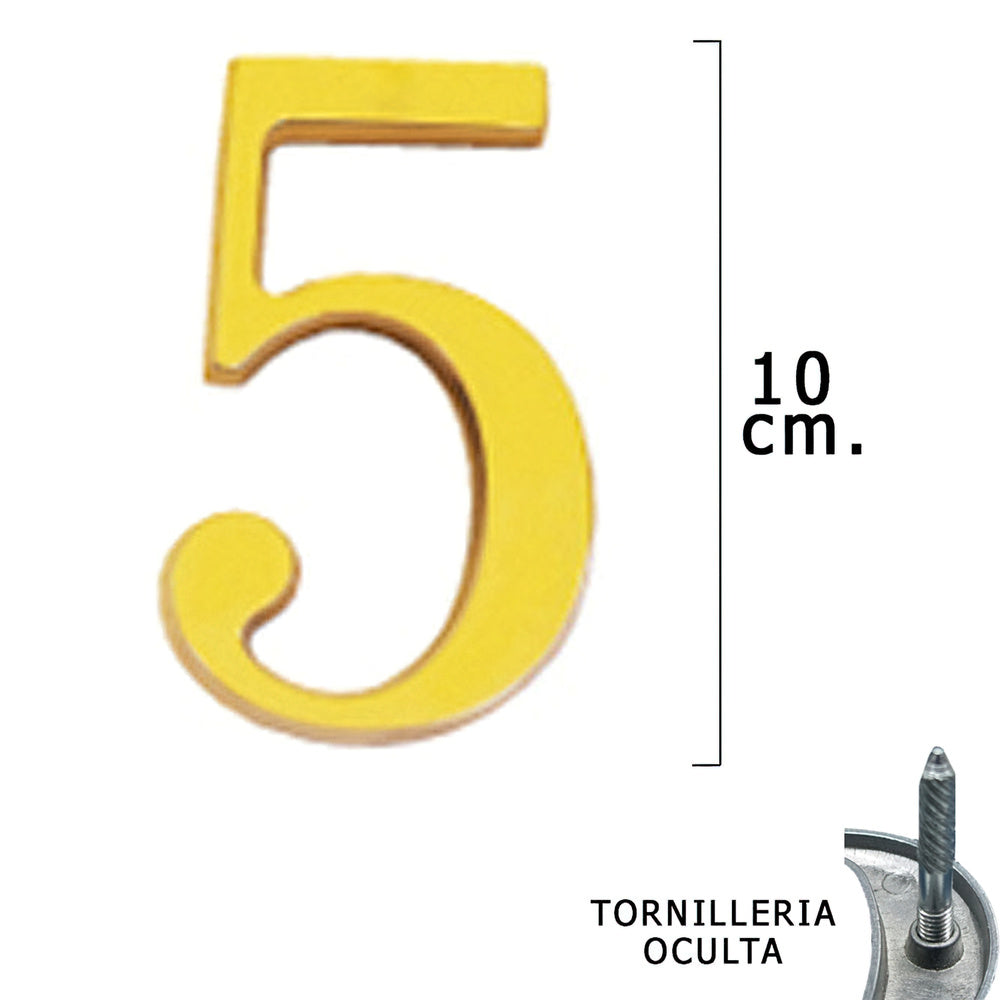 Numero latón "5" 10 cm con tornillería oculta (blíster 1 pieza)