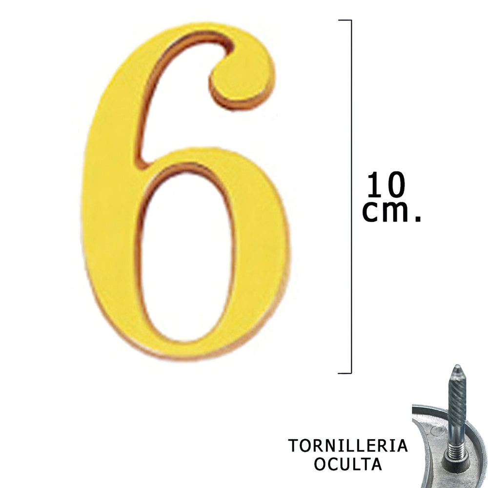 Numero latón "6" 10 cm con tornillería oculta (blíster 1 pieza)