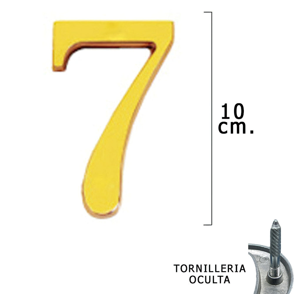 Numero latón "7" 10 cm con tornillería oculta (blíster 1 pieza)