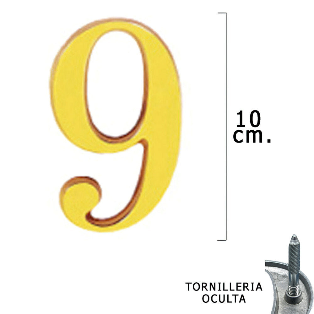 Numero latón "9" 10 cm con tornillería oculta (blíster 1 pieza)
