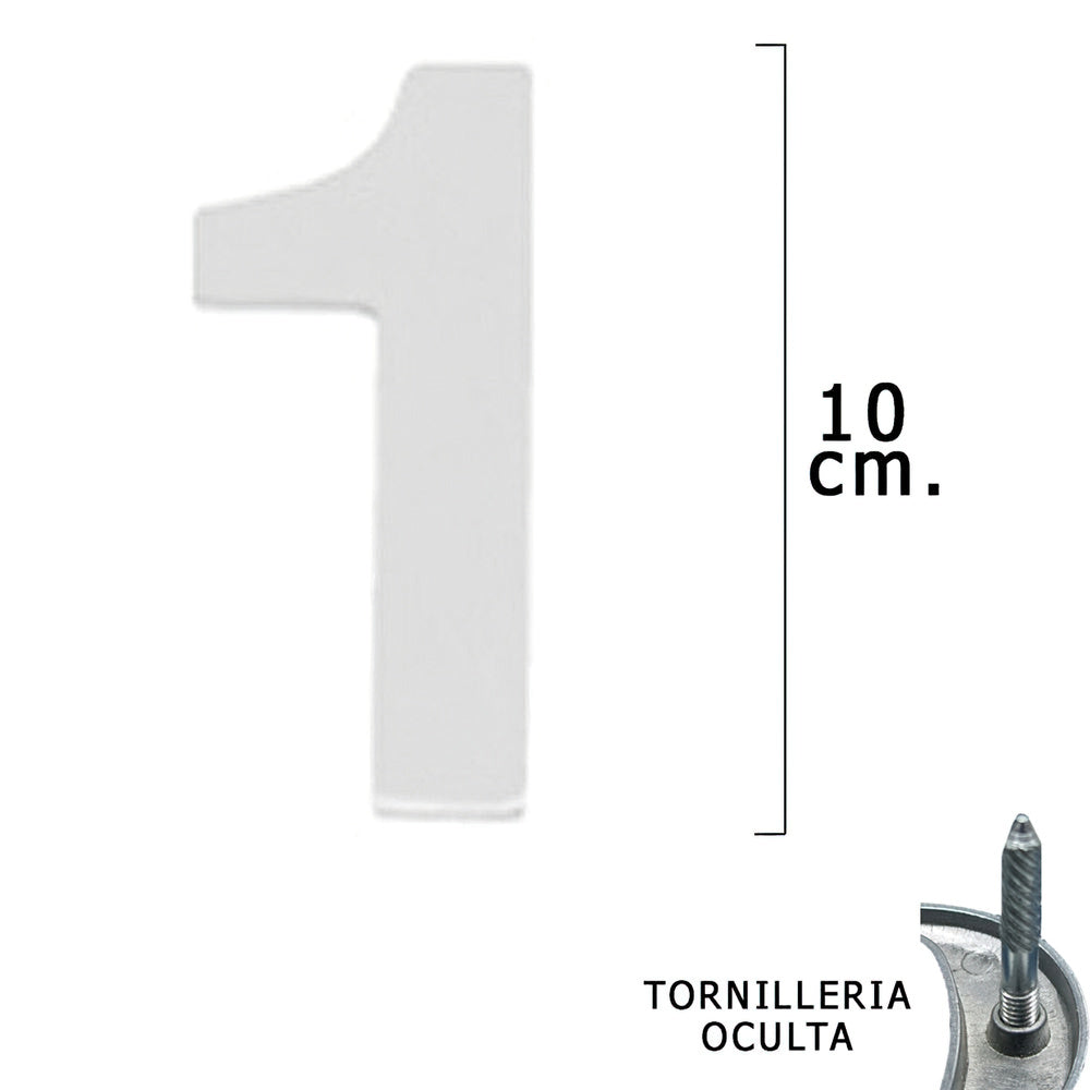 Numero metal "1" plateado mate 10 cm con tornillería oculta (blíster 1 pieza)
