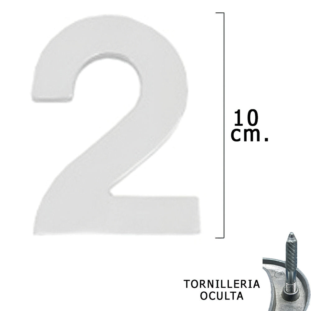 Numero metal "2" plateado mate 10 cm con tornillería oculta (blíster 1 pieza)