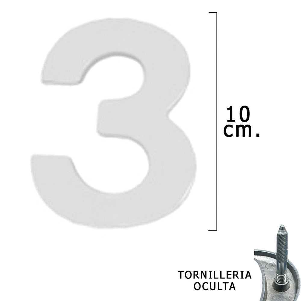 Numero metal "3" plateado mate 10 cm con tornillería oculta (blíster 1 pieza)