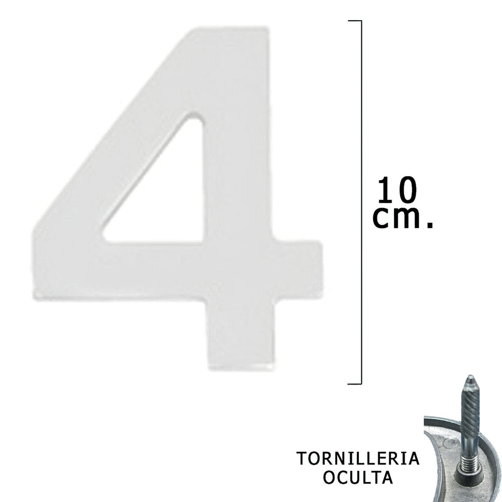 Numero metal "4 plateado mate 10 cm con tornillería oculta (blíster 1 pieza)