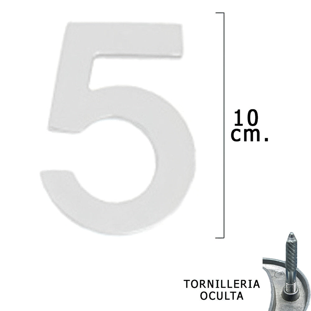 Numero metal "5" plateado mate 10 cm con tornillería oculta (blíster 1 pieza)