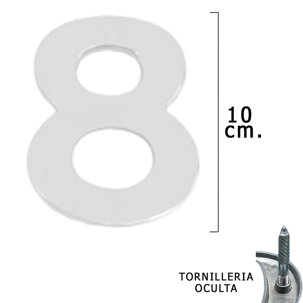 Matte silver metal number "8" 10 cm with concealed fixings (blister 1 piece)
