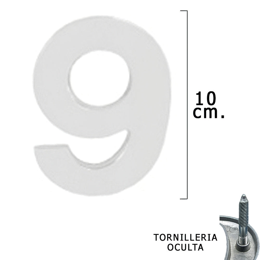 Matte silver metal number "9" 10 cm with concealed screws (1 piece blister pack)