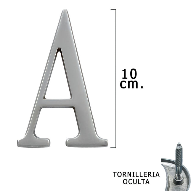 Letra metal "a" plateada mate 10 cm. con tornilleria oculta (blister 1 pieza)