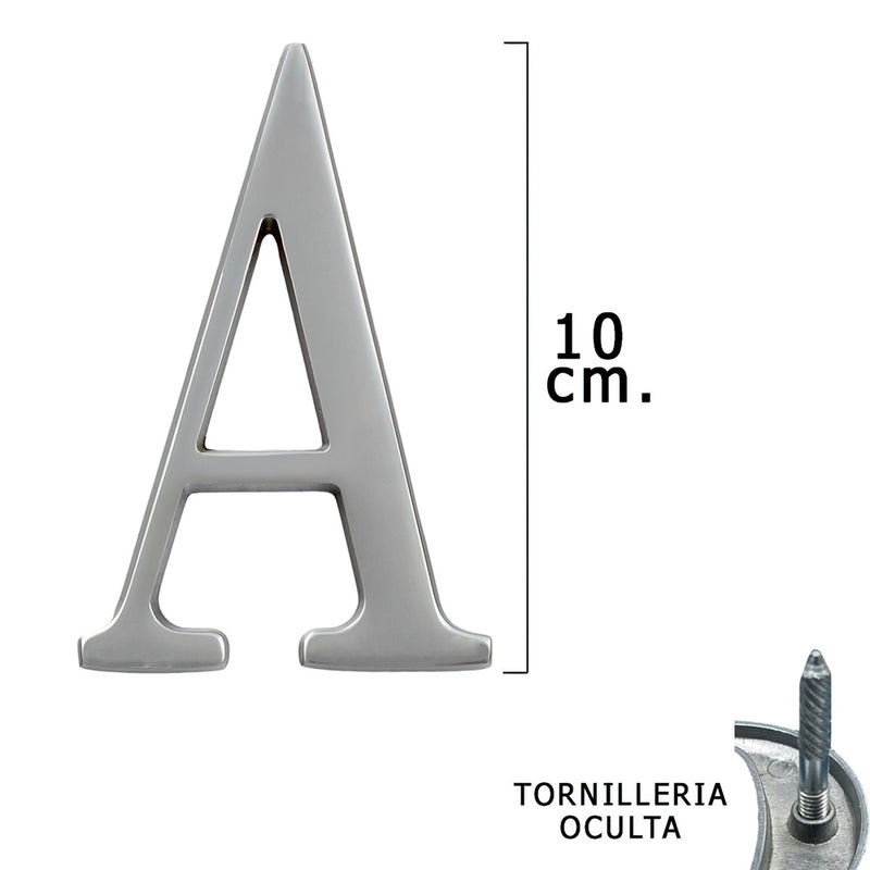 Letra metal "a" plateada mate 10 cm. con tornilleria oculta (blister 1 pieza)