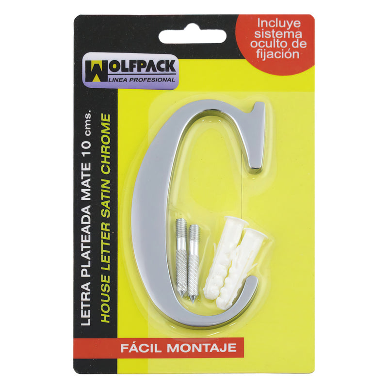 Letra metal "c" plateada mate 10 cm. con tornilleria oculta (blister 1 pieza)