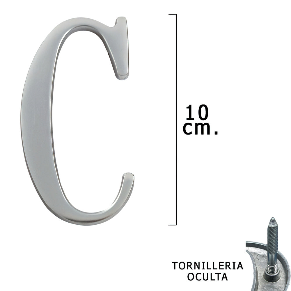 Matte silver metal letter "c" 10 cm with concealed screws (blister 1 piece)