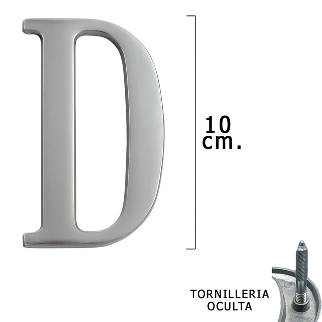 Letra metal "d" plateada mate 10 cm. con tornilleria oculta (blister 1 pieza)