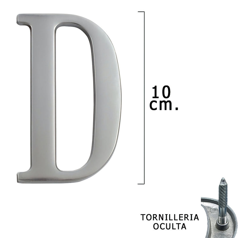 Letra metal "d" plateada mate 10 cm. con tornilleria oculta (blister 1 pieza)