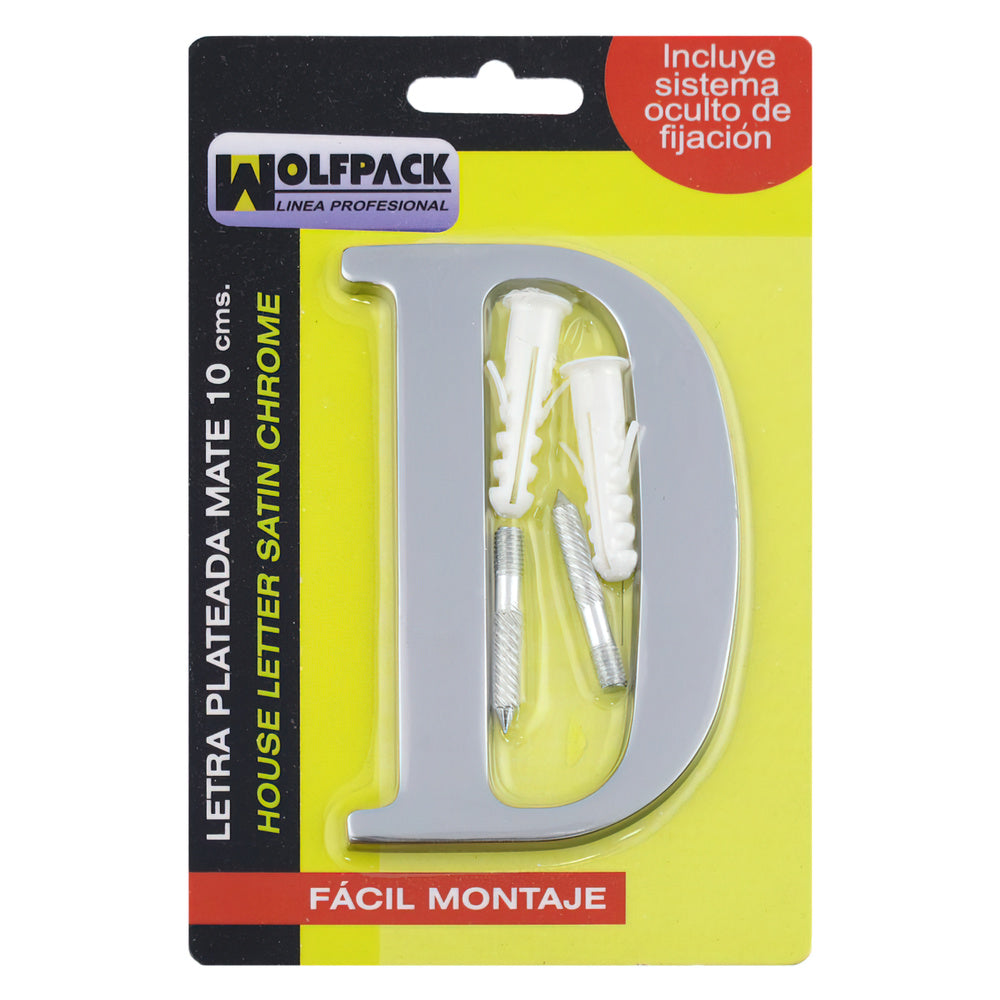 Matte silver metal letter "d" 10 cm with concealed fixings (blister pack 1 piece)