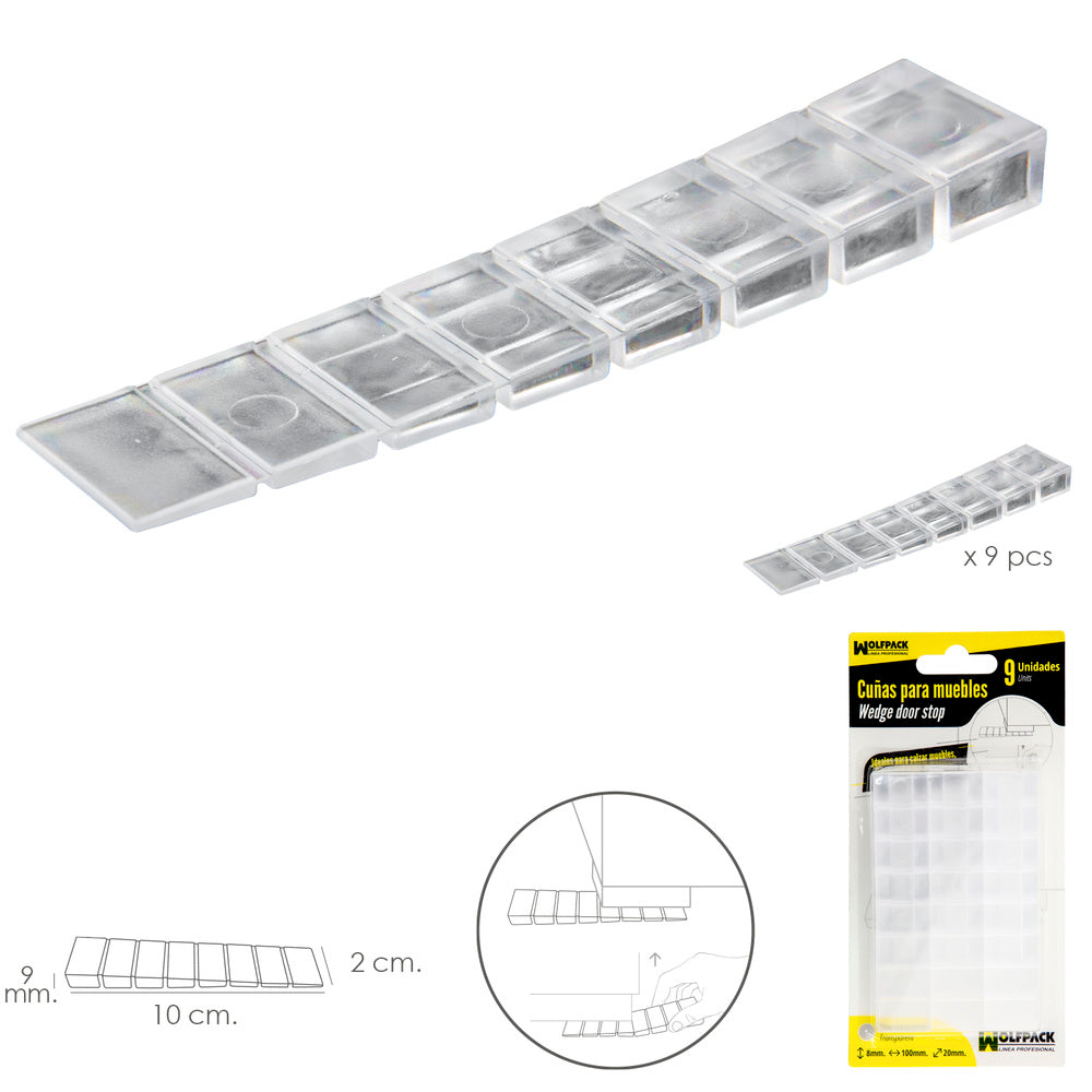 Cuñas calza muebles ajustable / recortable transparente (blíster 9 piezas)