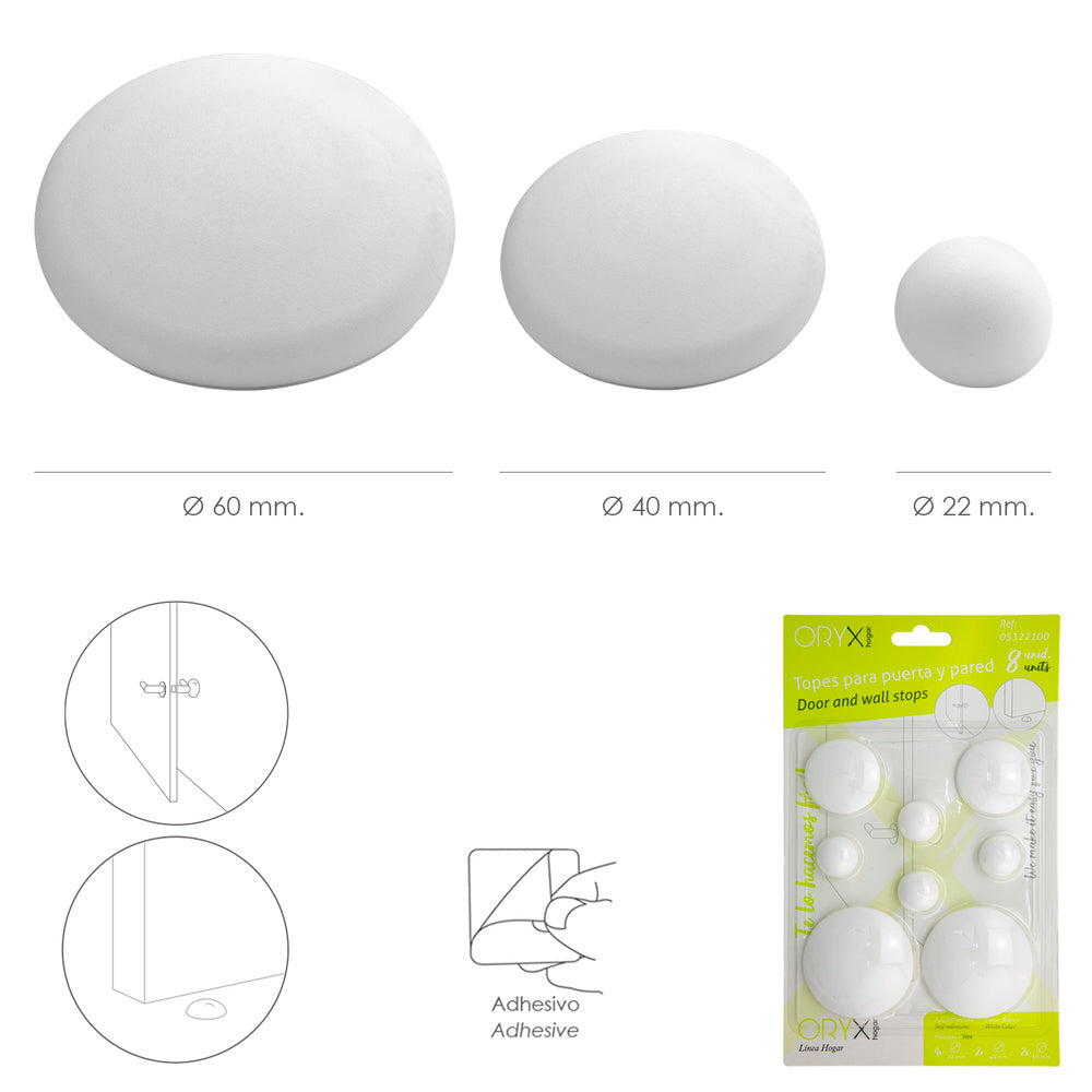Adhesive wall / door / window / furniture bumpers 2 x ø 60 mm / 2 x 40 mm / 4 x 22 mm (blister pack of 8)