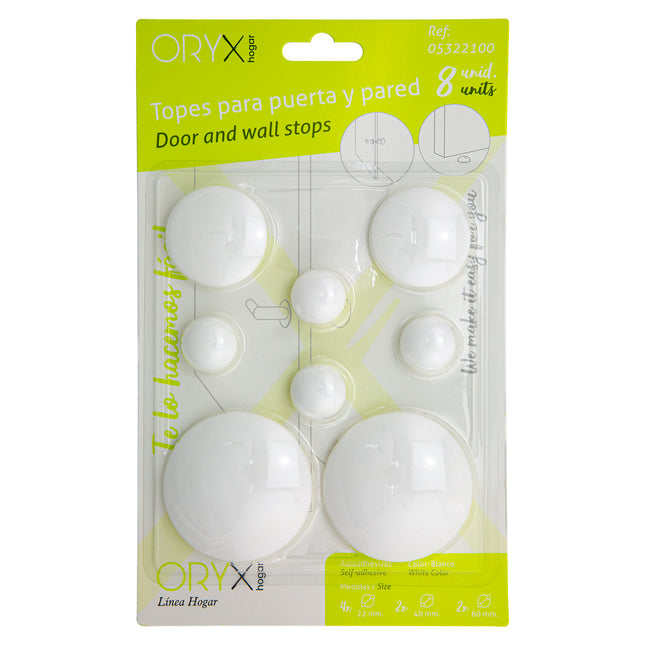 Topes adhesivos para paredes / puertas / ventanas / mobiliario 2 x ø 60 mm. / 2 x 40 mm. / 4 x 22 mm. (blister 8 piezas)