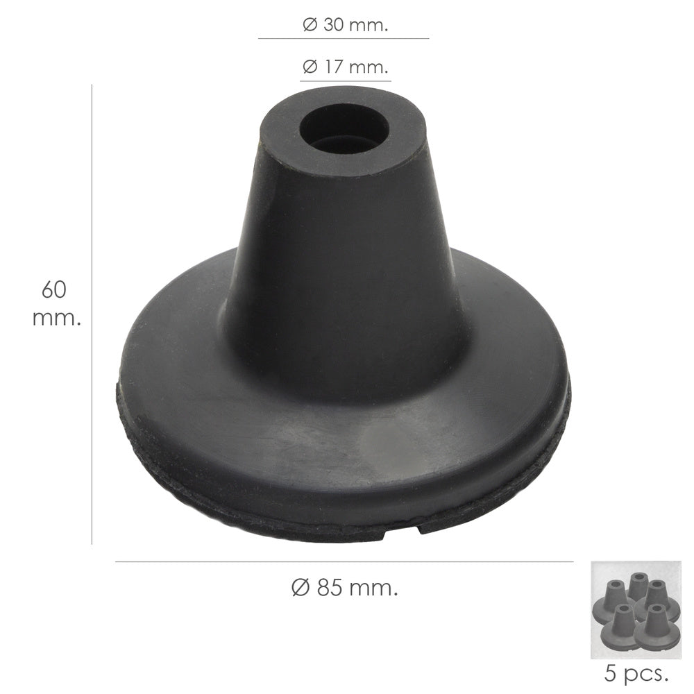 Taco goma bastón negro tubo ø 19 mm / base ø 85 mm tipo ventosa bolsa 5 unidades