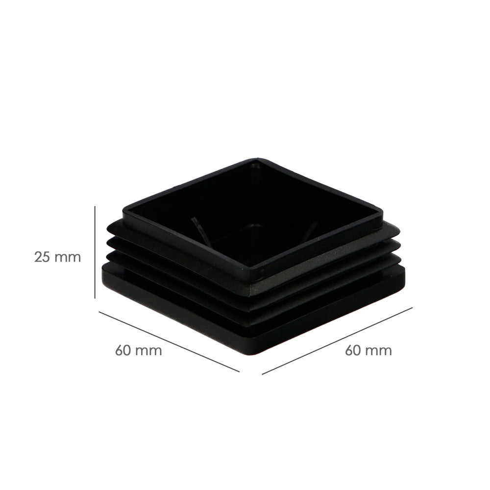 Ponteira interior plástica quadrada 60x60 mm cor preta. Saco 50 unidades. Ponteira mesa, cadeira, móveis, estante