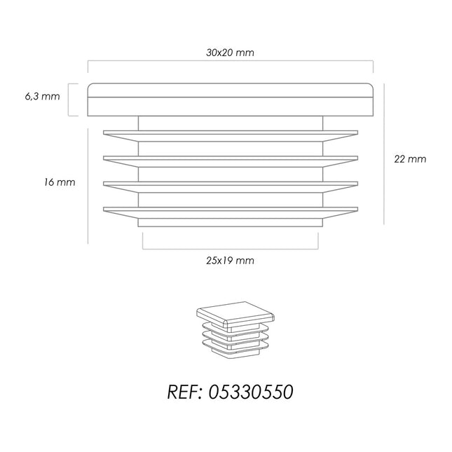 Contera plástico rectangular interior. color negro 30x20 mm bolsa 200 unidades