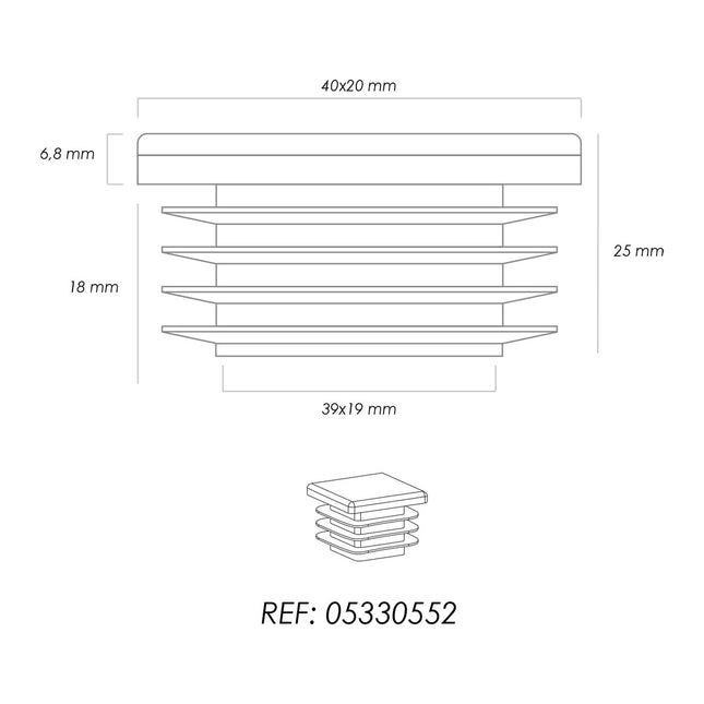 Contera plástico rectangular interior. color negro 40x20 mm bolsa 200 unidades