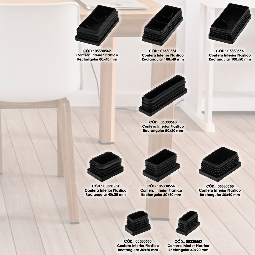 Contera plástico rectangular interior. Color negro 40x30 mm bolsa 200 unidades.