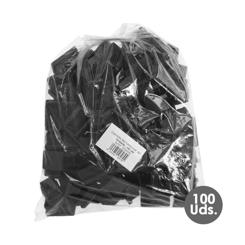 Contera plástico rectangular interior. Color negro 50x30 mm bolsa 100 unidades.