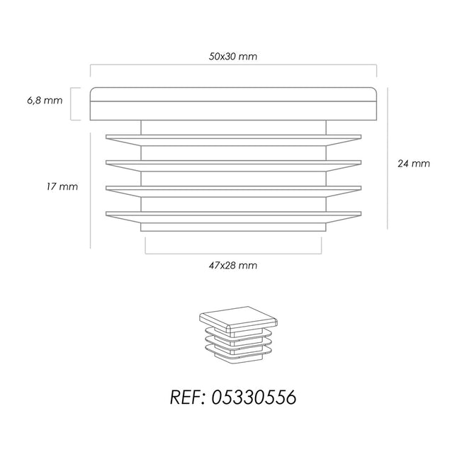 Contera plástico rectangular interior. color negro 50x30 mm bolsa 100 unidades