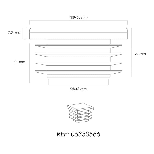 Contera plástico rectangular interior. color negro 100x50 mm bolsa 25 unidades