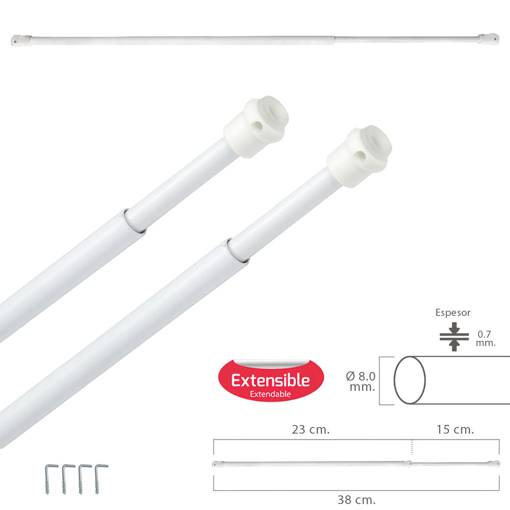 Extendable net curtain rod 23/38 cm with spring tension, brackets and suction cups (2 pieces)