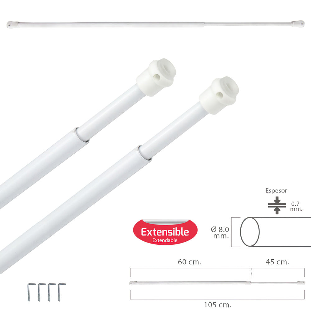 Extendable net curtain rod 60/105 cm with spring pressure, brackets and suction cups (2 pieces)