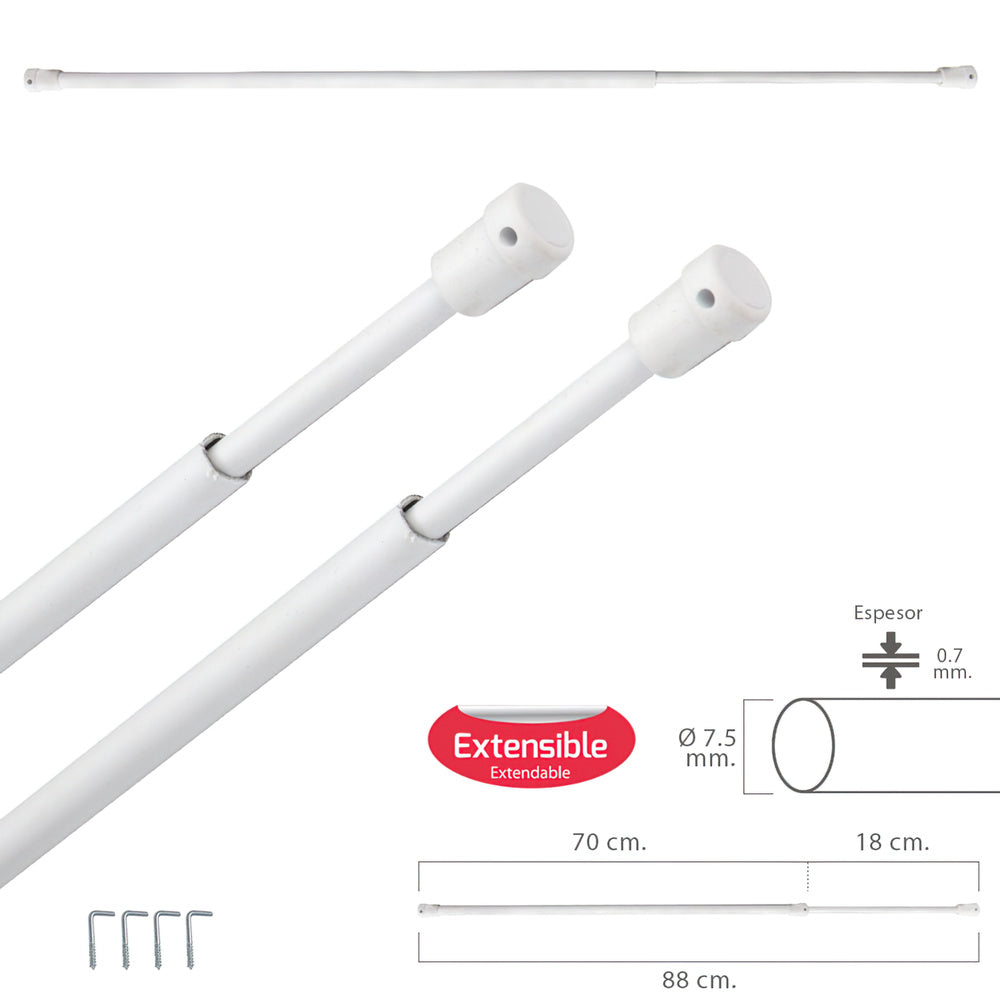 Extendable Net Curtain Rod 70/88 cm with support, without spring (2 pieces)