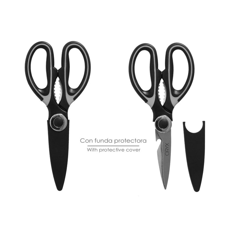 Tijeras cocina hojas de acero inoxidable, mangos ergonomicos en TPR con funda protectora