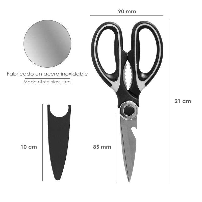 Tijeras cocina hojas de acero inoxidable, mangos ergonomicos en TPR con funda protectora