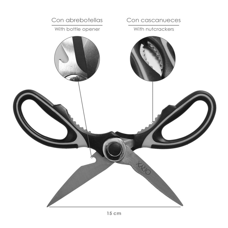 Tijeras cocina hojas de acero inoxidable, mangos ergonomicos en TPR con funda protectora
