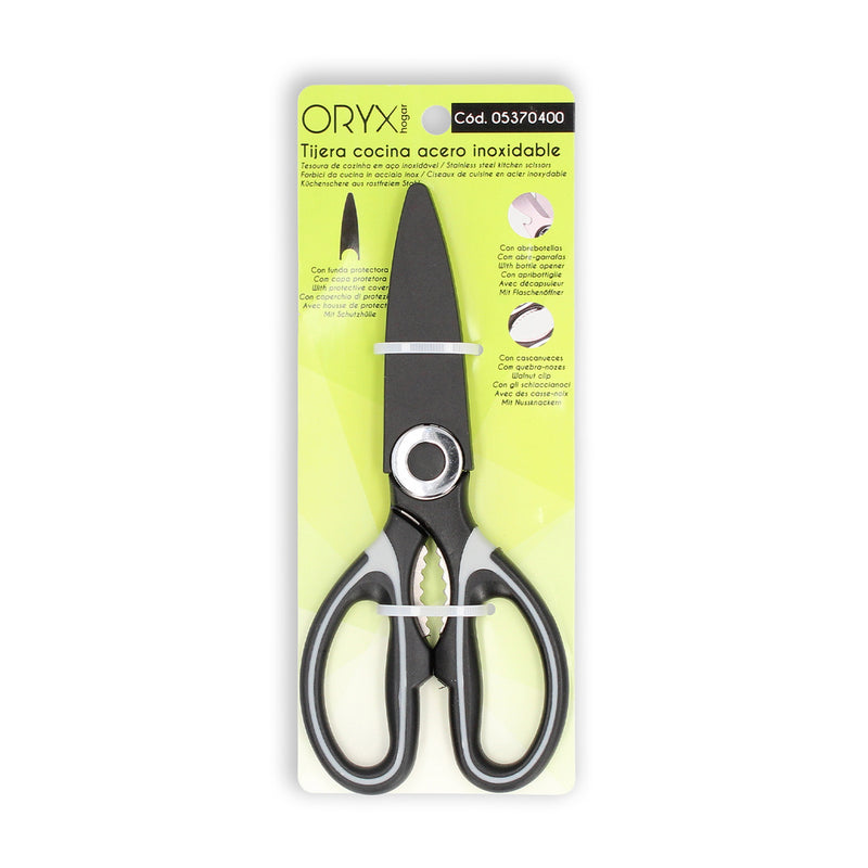 Tijeras cocina hojas de acero inoxidable, mangos ergonomicos en TPR con funda protectora