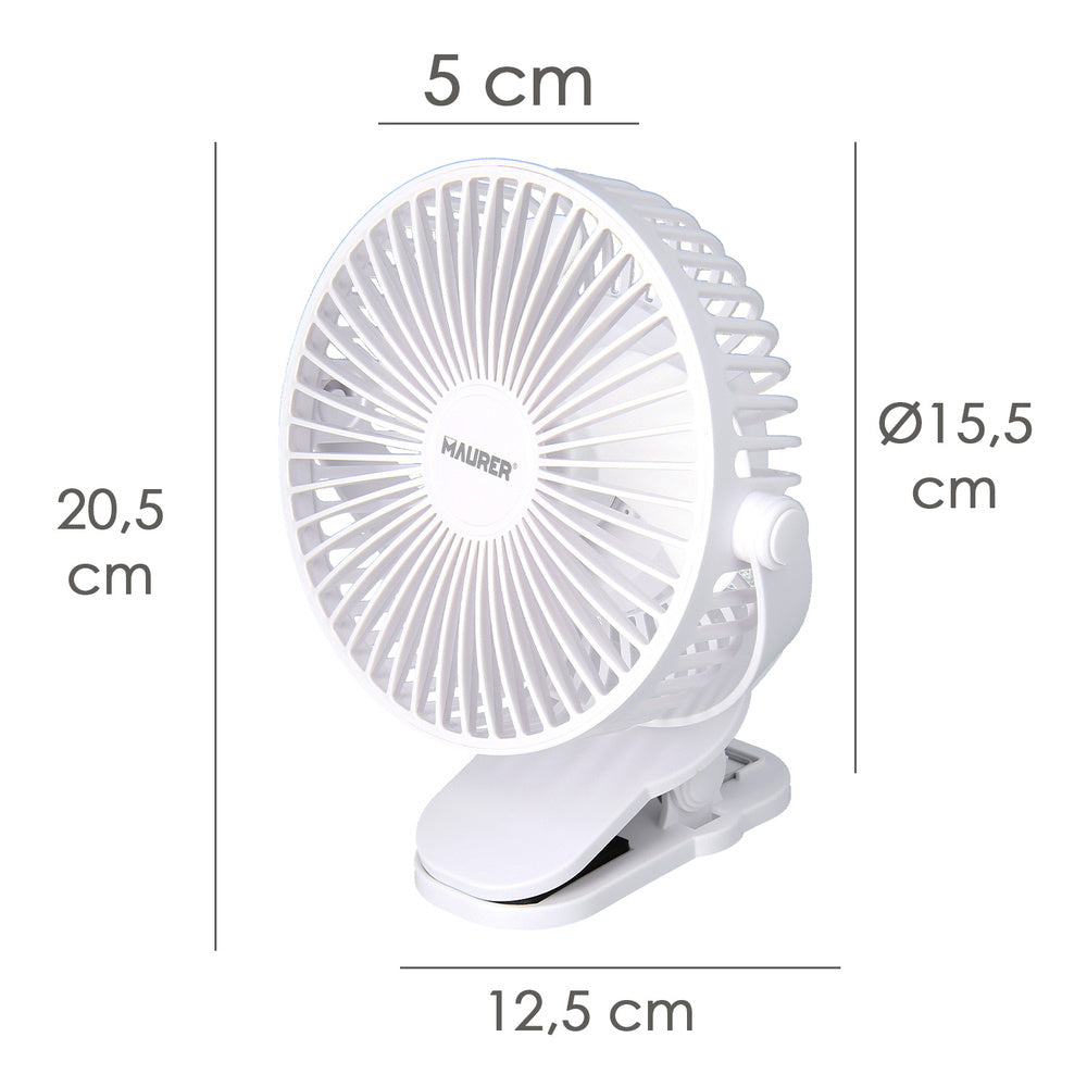 Ventilador con clip sobremesa ø 15 cm. Recargable