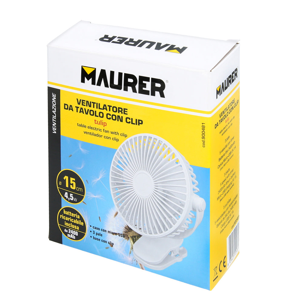 Ventilador con clip sobremesa ø 15 cm. Recargable