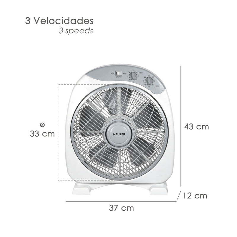 Ventilador maurer box ø 30cm 40 watt. 3 velocidades  aspas gran tamaño, 3 con temporizador